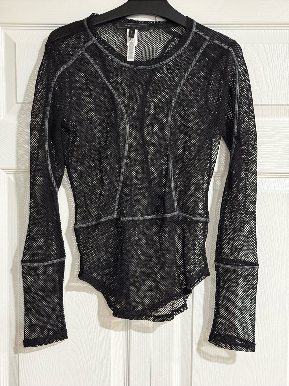 BCBGMaxAzria Black Mesh Long Sleeve Top with Contrast Seams